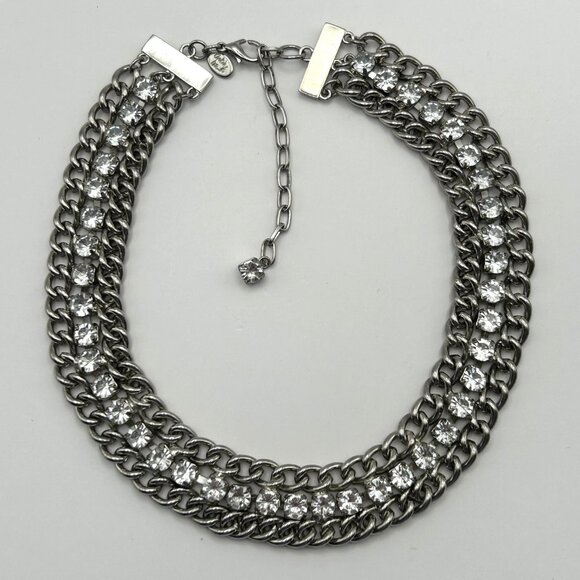 Cookie Lee Silver Tone Double Row Rhinestone Statement Adjustable Necklace - Picture 10 of 10